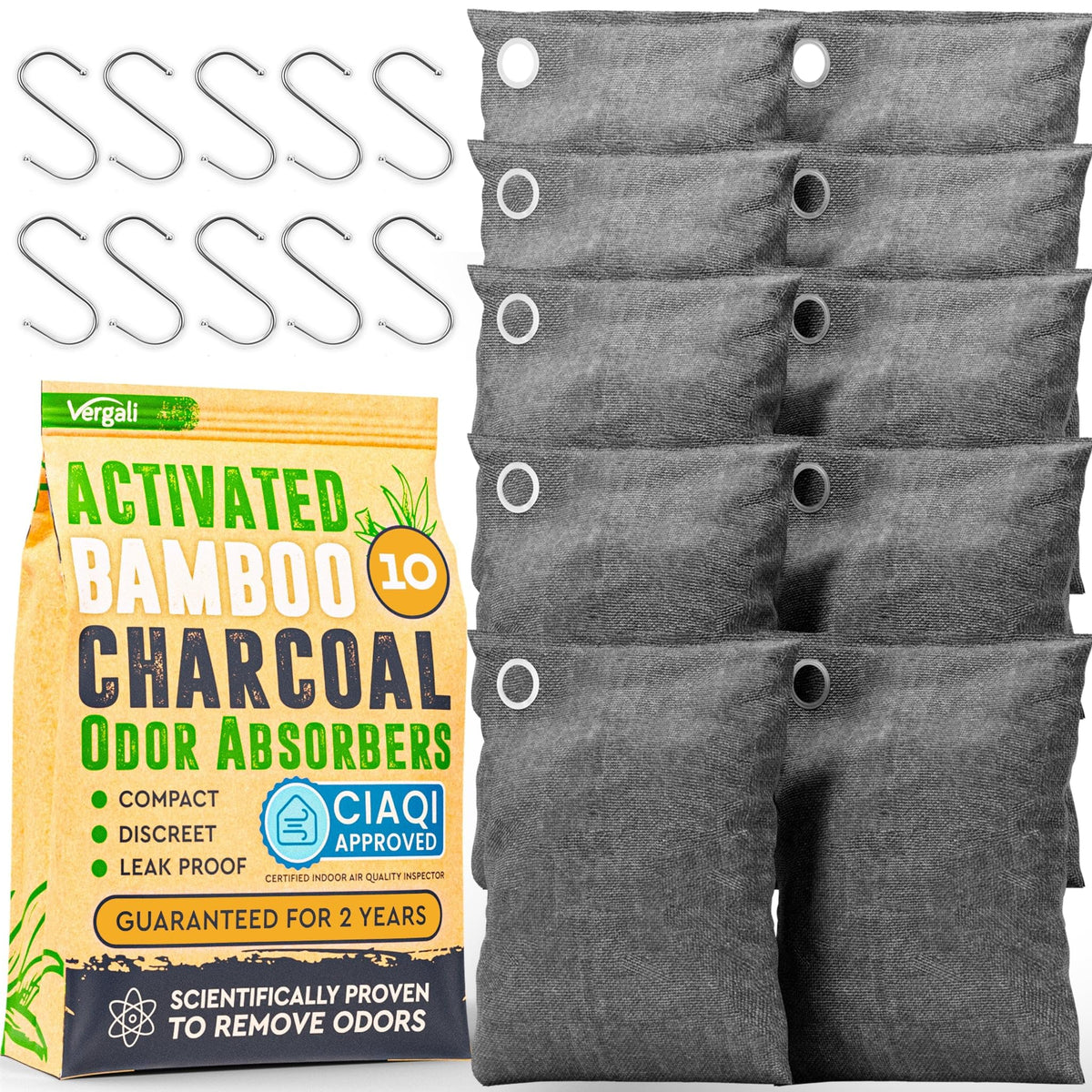 Activated Charcoal Odor Absorber, 10 Bags H7930