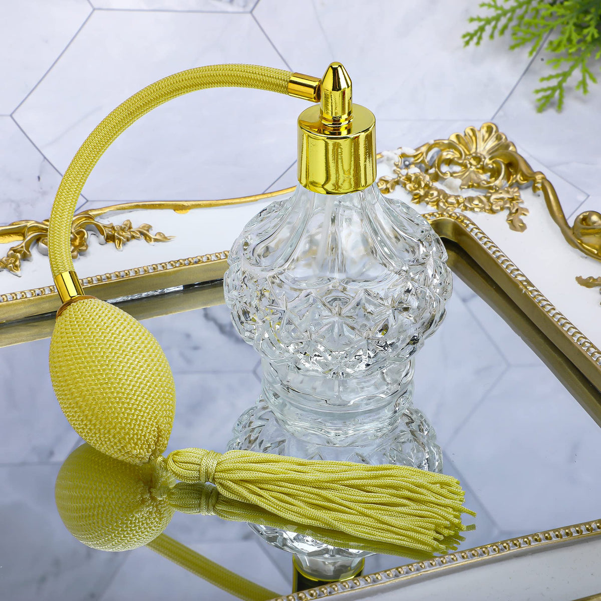 Clear Checked Carved Glass Refillable Perfume Bottle with Spray Atomizer, Pack of 2 C936753